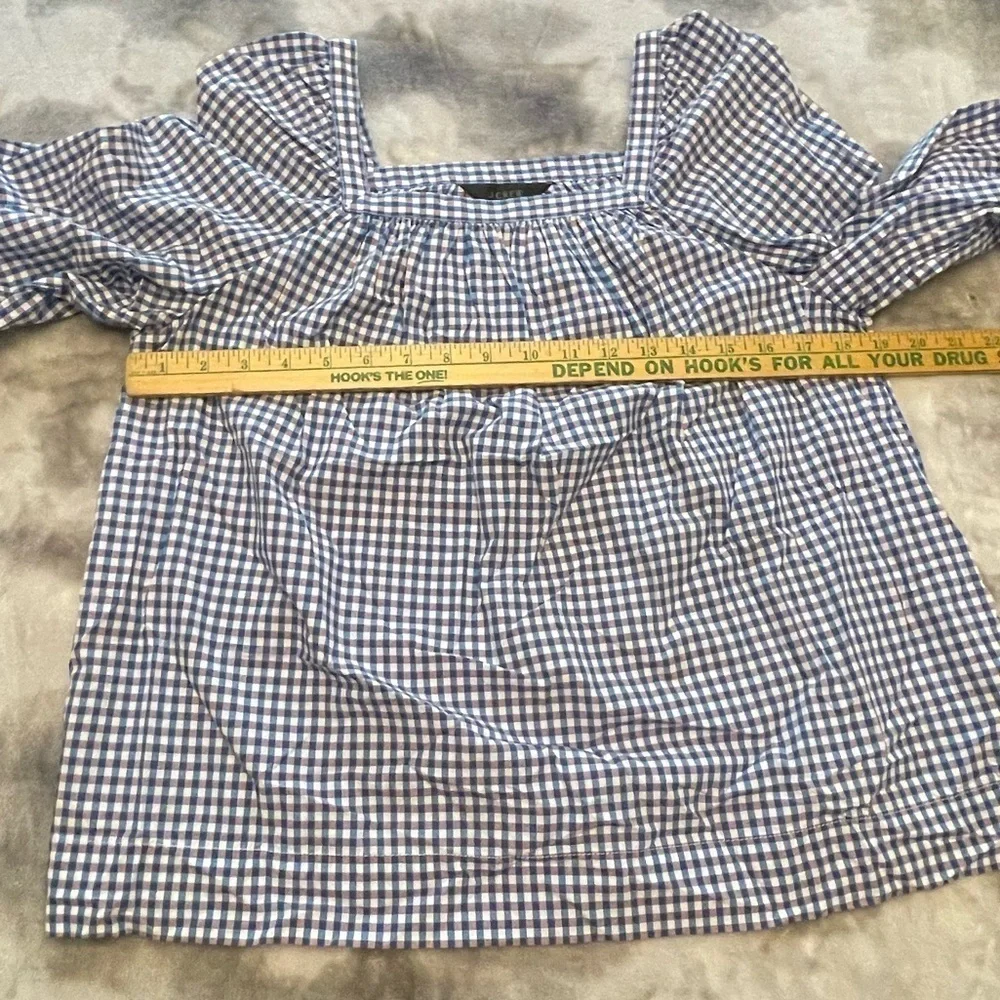 J crew white blue micro plaid puff sleeve cotton blouse